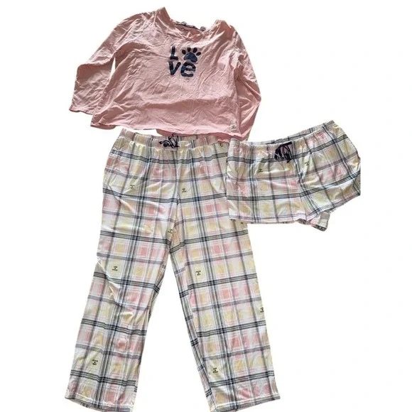 Life Is Good Sleep Pajama Set Womens 2XL Pink LOVE Paw Print 3-Piece - Picture 5 of 10